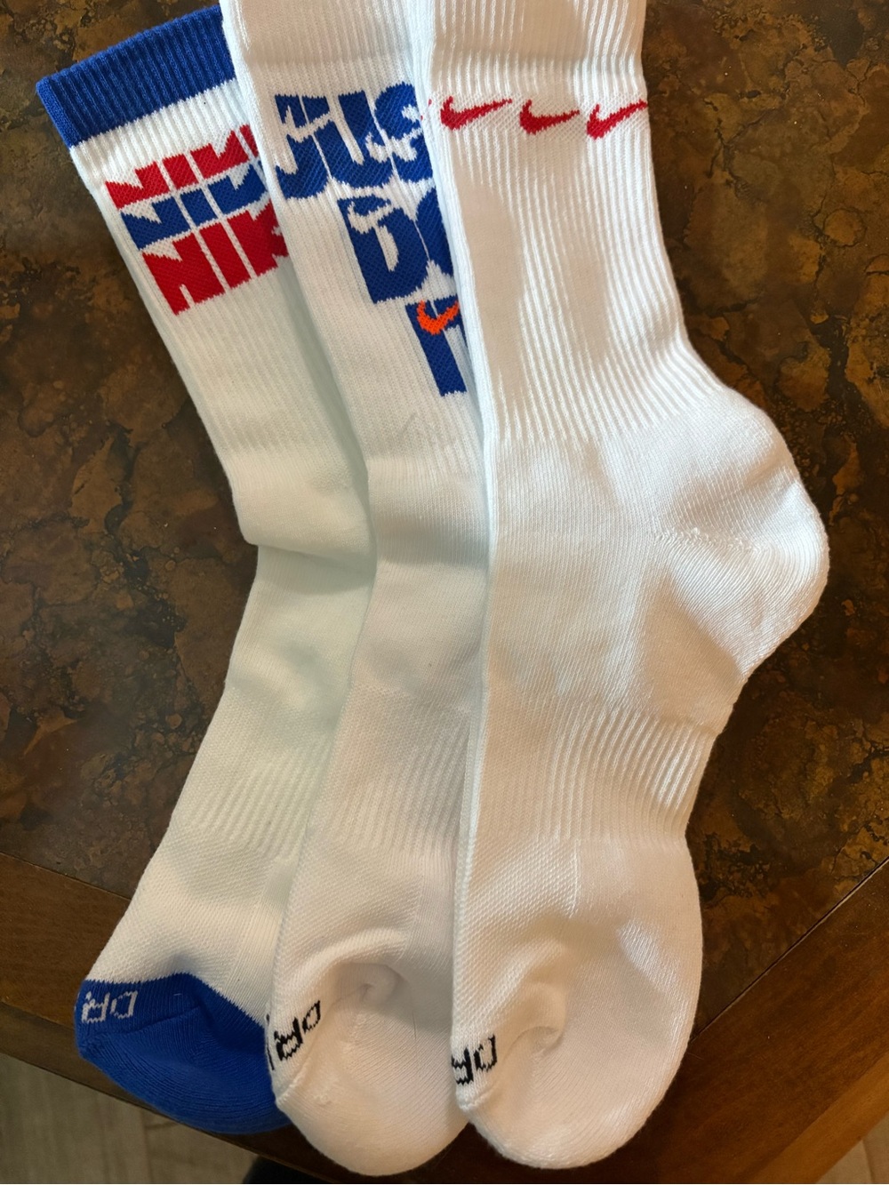 NWOT Nike White Crew Athletic Socks with Red & Blue Logos - 3 Pack